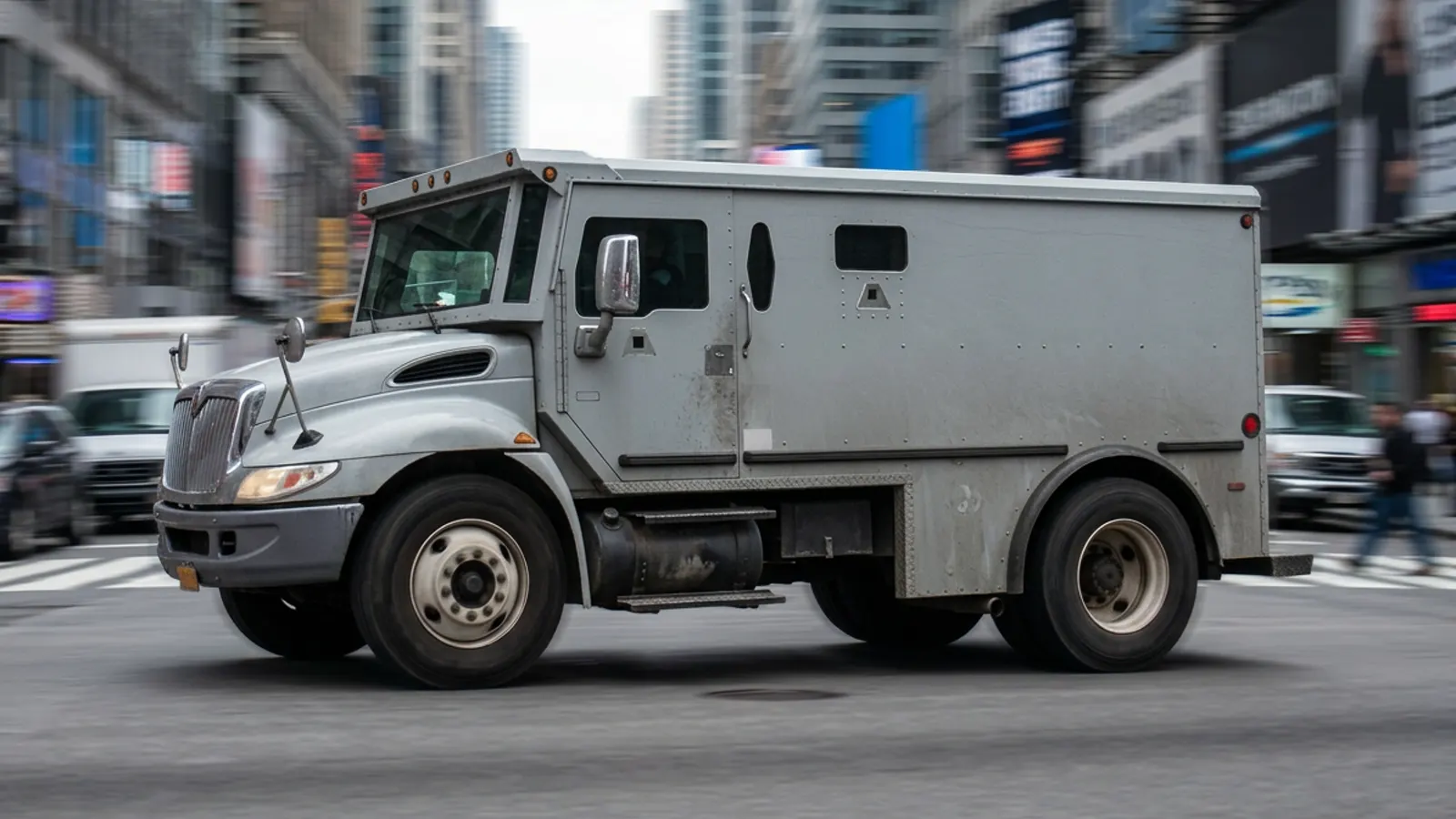 Camión blindado de transporte de valores circulando por una calle urbana