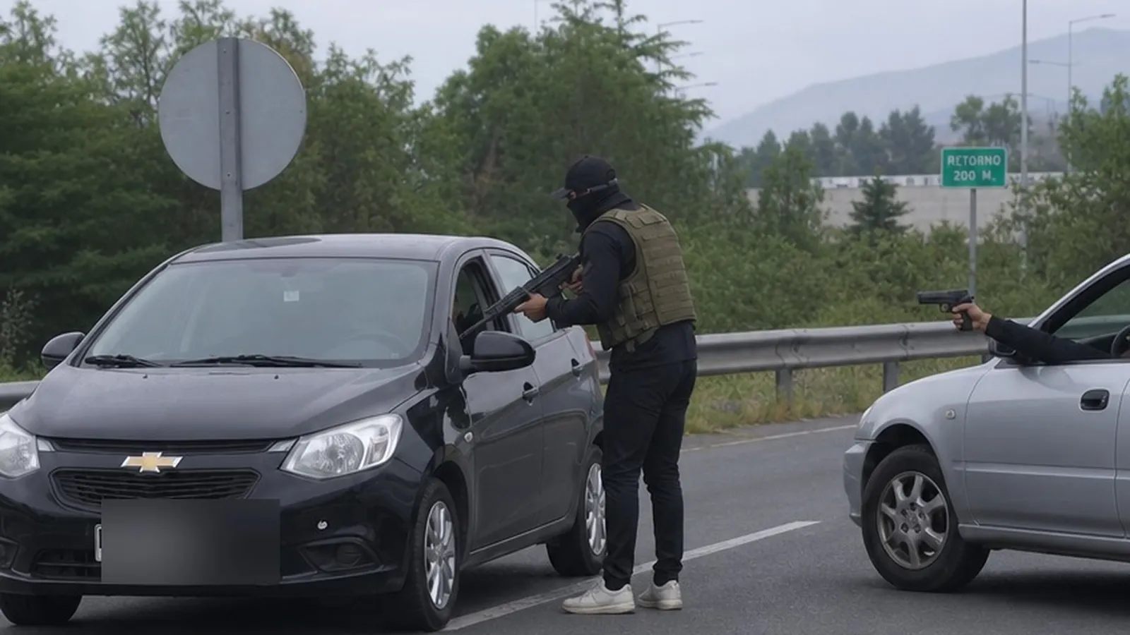 Encerrona en carretera con un asaltante armado junto a un auto detenido