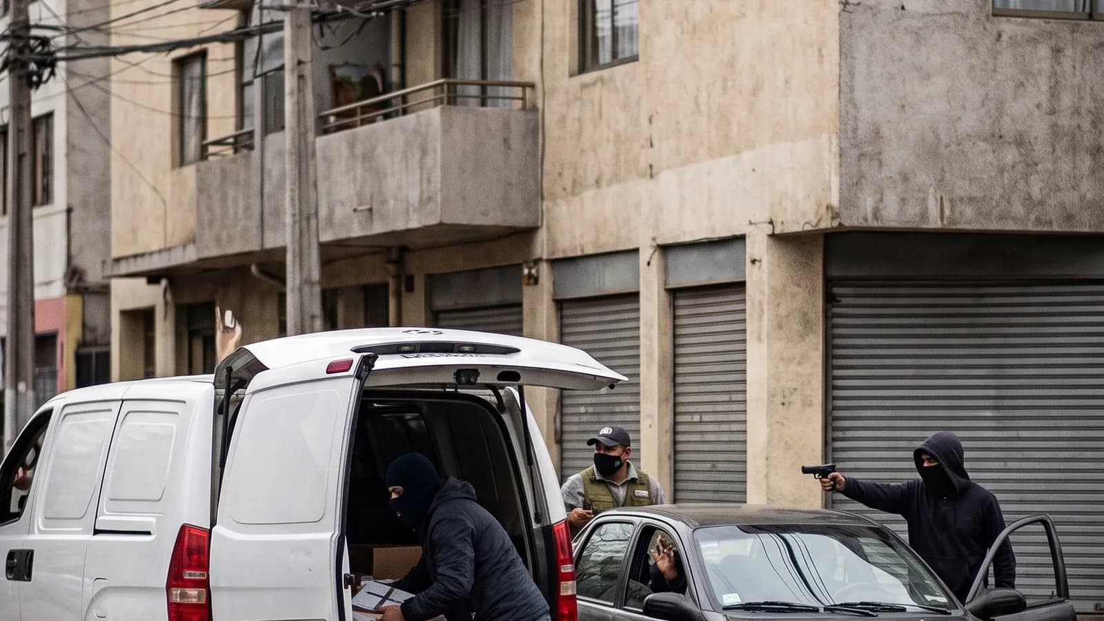 Asalto a un furgón de reparto en una calle urbana con delincuentes armados