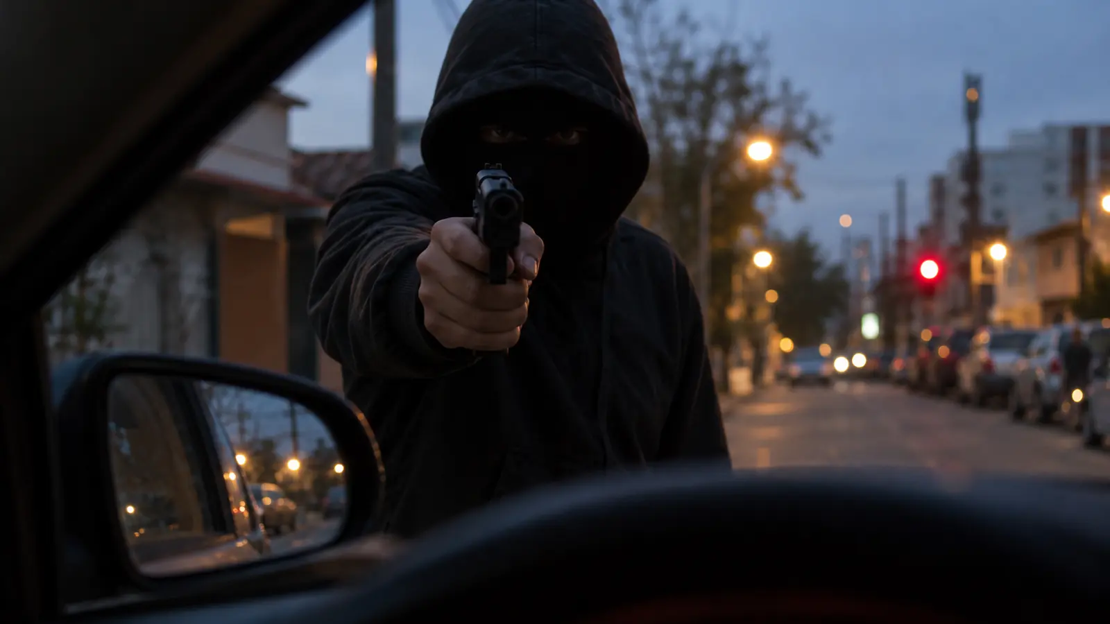 Ilustración generada con IA: encapuchado con pasamontañas apuntando una pistola hacia el conductor, visto desde el asiento del auto al anochecer