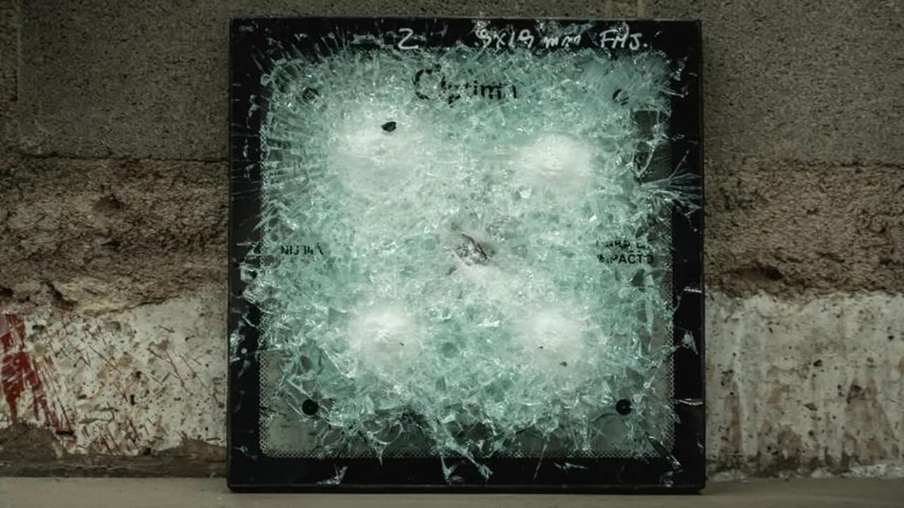 Panel de vidrio blindado ensayado en Blindamax con cinco impactos de 9x19 mm FMJ contenidos, rotulado nivel NIJ IIIA